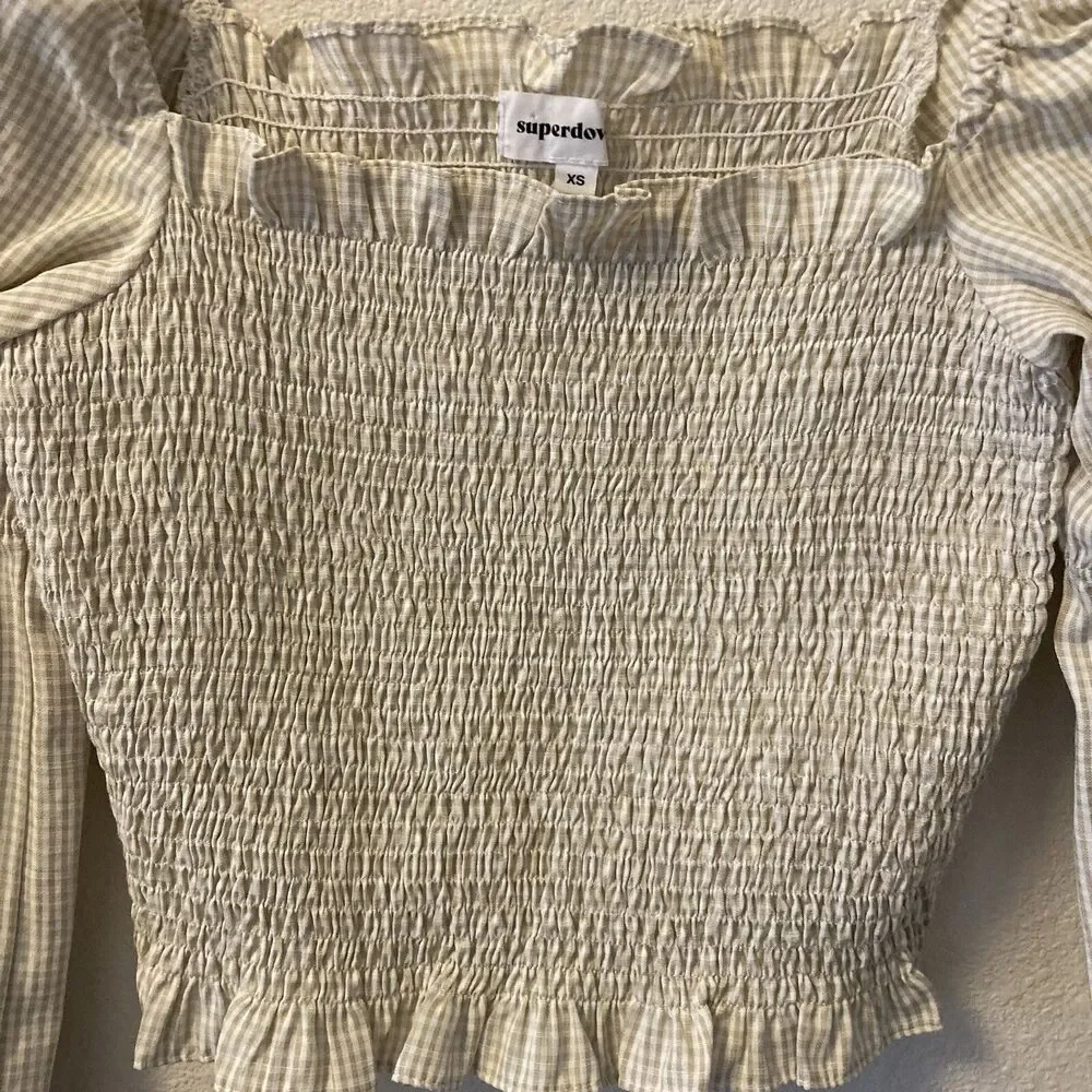 Superdown Womens Blouse Size XS Smocked Puff Sleeve Cropped Gingham Babydoll Top - Picture 3 of 11